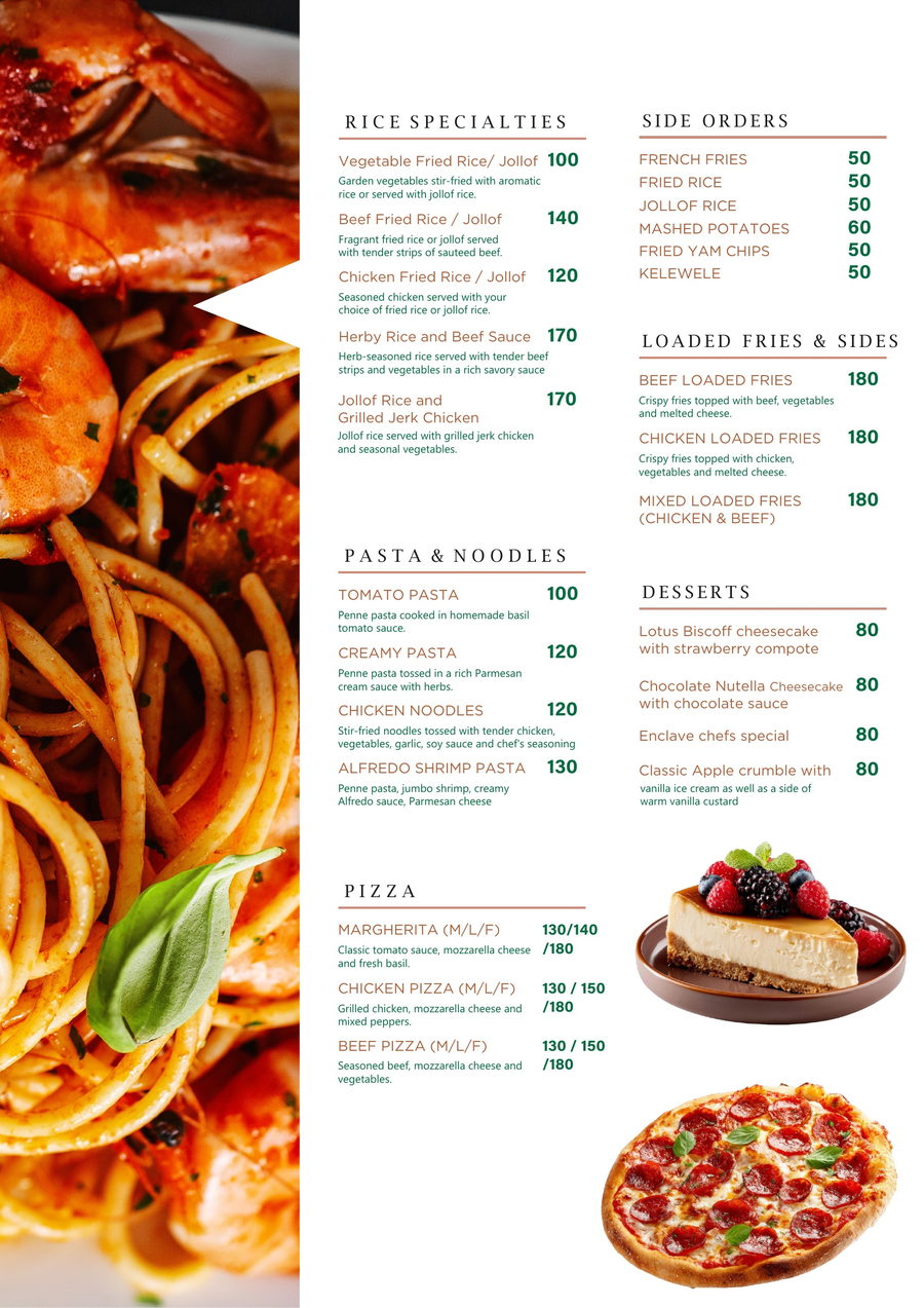 Enclave Bistro rice specialties, pasta, pizza, desserts and loaded fries