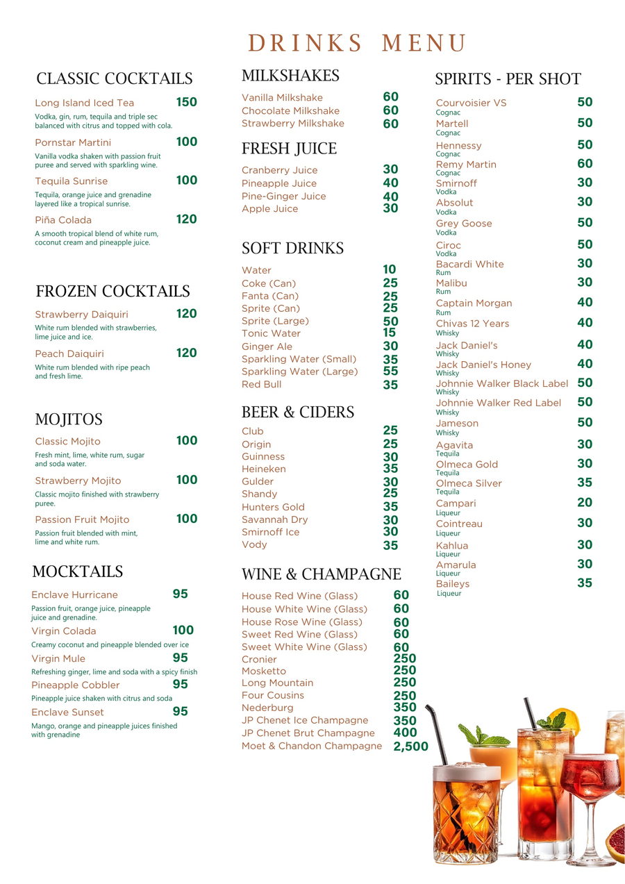 Enclave Bistro drinks, cocktails, wine, beer and spirits menu